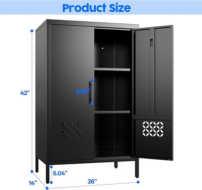 Metal Storage Cabinet with 2 Adjustable Shelves,Metal Buffet Sideboard Cabinet with 2 Doors for Home,Office, 42" H x 26" W x 14" D,Assembly Required,Black