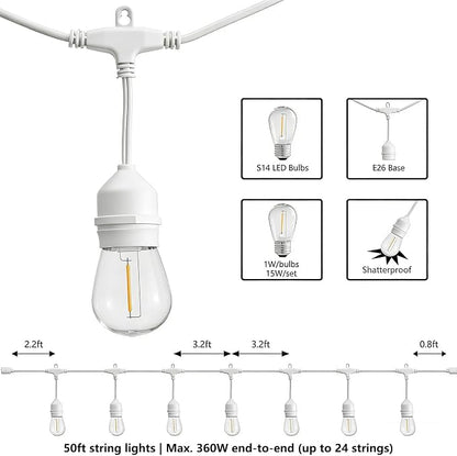 SUNTHIN 50FT Outdoor White String Light with 16 1W LED Shatterproof Filament Bulb for Patio Lights, Backyard, Porch, Party Lights