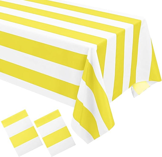 2 Pack Yellow and White Striped Rectangular Tablecloth, 84x60 inches, Polyester Fabric, Washable, For Afternoon Tea, Birthday Party, Picnic, Barbecue Gathering