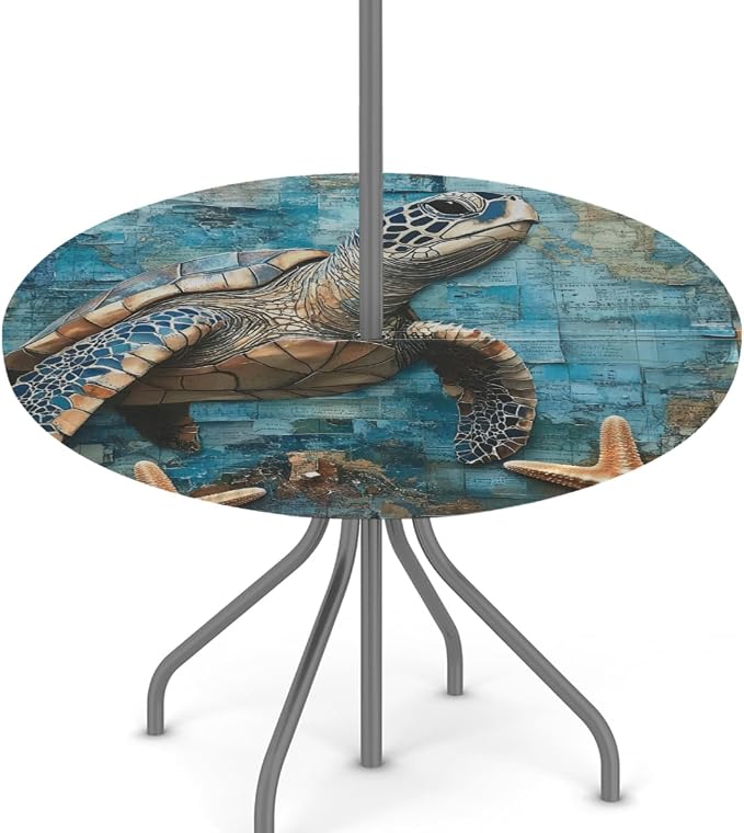 AUUXVA Round Outdoor Tablecloth with Umbrella Hole - Waterproof Patio Table Cover with Zipper Elastic Table Cloth Fits 45"-56" Tables for Party Cafe Garden Decor(Sea Turtle)