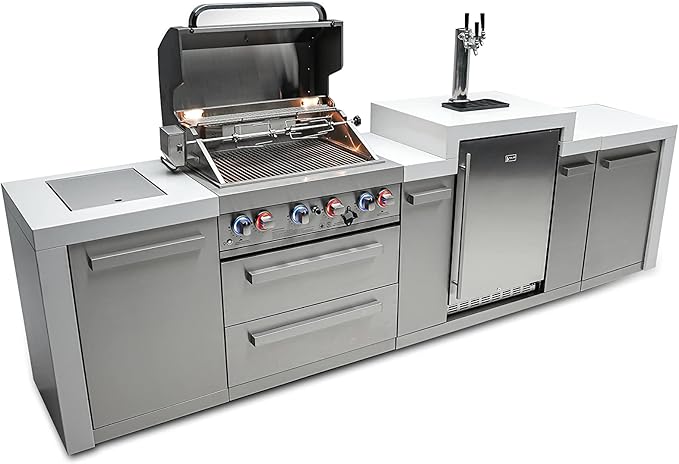 Mont Alpi 130"W Stainless Steel Deluxe Modular Outdoor Kitchen Island with Side Burner + 3 Tap Kegerator Refrigerator + 32"W 4-Burner BBQ Gas Grill + Granite Countertops + Storage Cabinets & Drawers