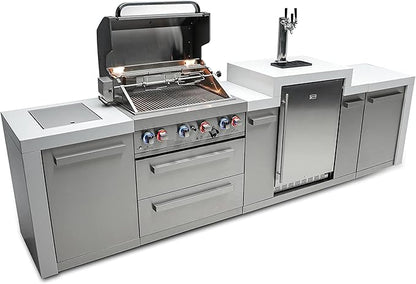 Mont Alpi 130"W Stainless Steel Deluxe Modular Outdoor Kitchen Island with Side Burner + 3 Tap Kegerator Refrigerator + 32"W 4-Burner BBQ Gas Grill + Granite Countertops + Storage Cabinets & Drawers