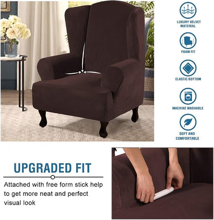 H.VERSAILTEX Wingback Chair Covers Velvet Plush Wing Chair Slipcover 1 Piece High Stretch Wing Back Chair Slipcovers Sofa Cover Furniture Cover with Elastic Bottom, Brown