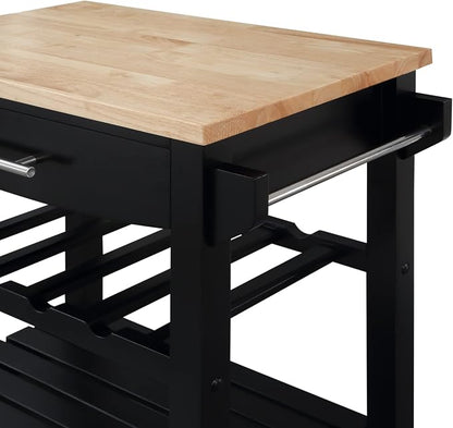 Convenience Concepts Ellaine Butcher Block Kitchen Cart 24.75" - 4 Tier Kitchen Island with Storage Drawer, Dining Room Wine Rack on Wheels, Coffee Station Table, Mobile Utility Trolley, Black