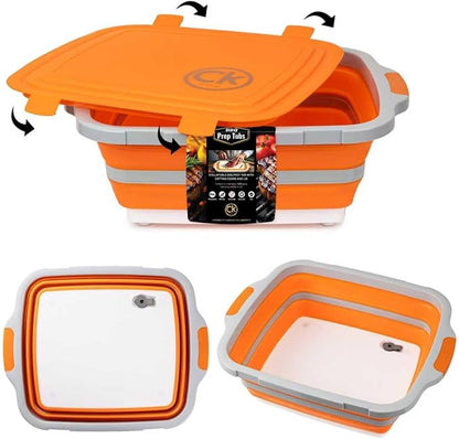 New XL Collapsible BBQ Prep Tub with LOCKING Lid, Cutting Board & Drain Hole | BPA-Free, Food-Grade, Space-Saving Marinating Container for Grilling, Kitchen & Outdoor Cooking (Orange, 30 L)