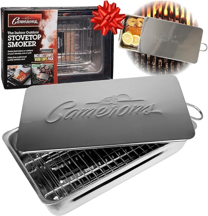 Camerons Indoor Outdoor Stovetop Smoker - Stainless Steel Barbecue Smoker Box w/Oak Wood Chips & Recipes - Works On Any Stovetop or BBQ Grill for Smoking Meats - Grilling Gift for Father's Day