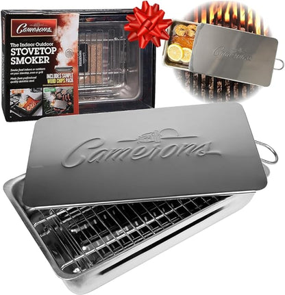 Camerons Indoor Outdoor Stovetop Smoker - Stainless Steel Barbecue Smoker Box w/Oak Wood Chips & Recipes - Works On Any Stovetop or BBQ Grill for Smoking Meats - Grilling Gift for Father's Day