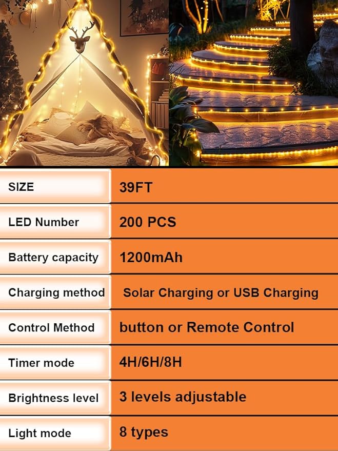 Larger Tube Solar Rope Lights with Remote,39FT 200LEDs Outdoor Solar Strip Lights,IP67 Waterproof USB Charging Solar String Lights, Timing & 8 Modes Fairy Light for Garden Patio Tree (Warm White)