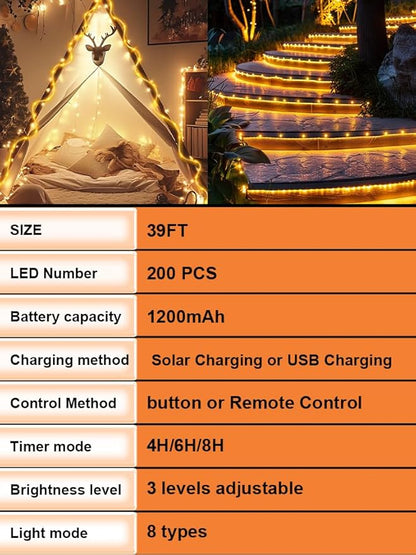 Larger Tube Solar Rope Lights with Remote,39FT 200LEDs Outdoor Solar Strip Lights,IP67 Waterproof USB Charging Solar String Lights, Timing & 8 Modes Fairy Light for Garden Patio Tree (Warm White)