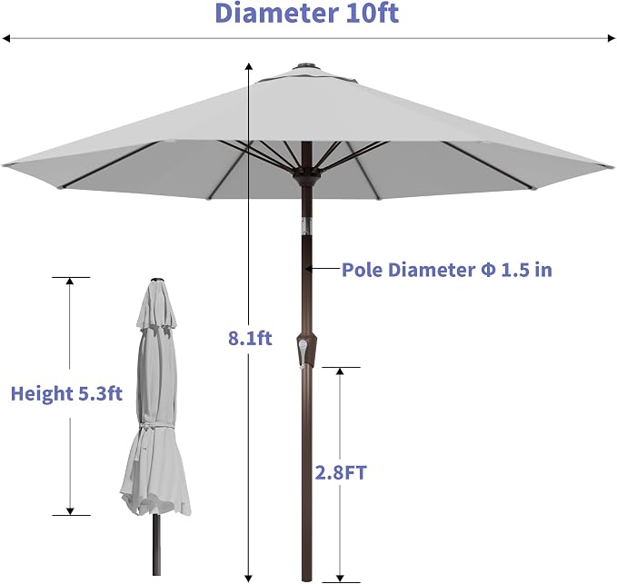 Kingdura 10FT Outdoor Patio Umbrella, Round Market Table Umbrella with Push‑Button Tilt and Crank Lift, 8 Sturdy Metal Ribs, UV50+ Protection Canopy for Backyard, Lawn, Deck, Poolside, Garden (Light grey)