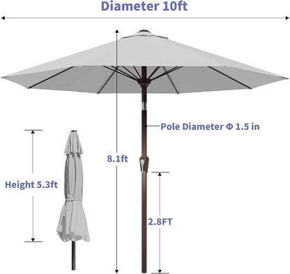 Kingdura 10FT Outdoor Patio Umbrella, Round Market Table Umbrella with Push‑Button Tilt and Crank Lift, 8 Sturdy Metal Ribs, UV50+ Protection Canopy for Backyard, Lawn, Deck, Poolside, Garden (Light grey)