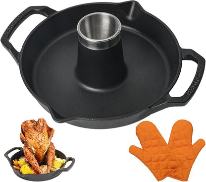 Cast Iron Chicken Roaster, Pre-Seasoned Vertical Poultry Roaster with Drip Pan, Beer Can Chicken Holder for Grill, Oven & Smoker