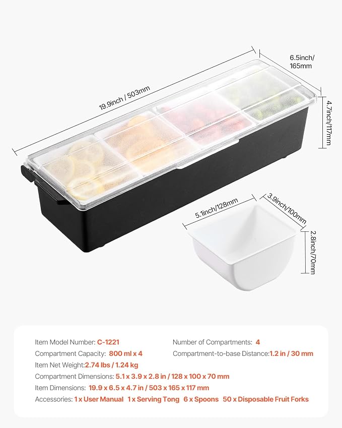VEVOR Chilled Condiment Server, 4 Compartment Ice Cooled Condiment Serving Container, Chilled Garnish Tray Bar Caddy with Lid, for Bartending & Serving Taco, Salad, Fruit, Home & Restaurant Supplies
