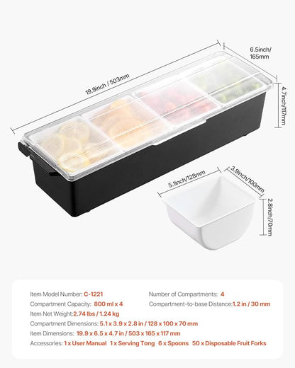 VEVOR Chilled Condiment Server, 4 Compartment Ice Cooled Condiment Serving Container, Chilled Garnish Tray Bar Caddy with Lid, for Bartending & Serving Taco, Salad, Fruit, Home & Restaurant Supplies