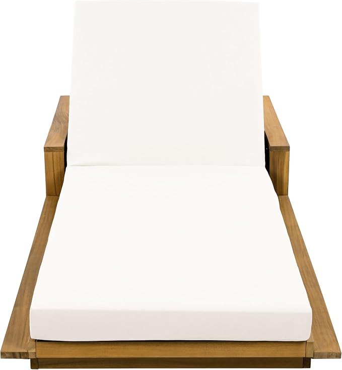 Merax Outdoor Chaise Lounge Set of 2, Acacia Wood Patio Reclining Chairs with 4-Position Adjustable Backrest, 2-Piece Sunbathing Recliner & 4" Thick Double-fold Cushion for Poolside, Garden, Beige