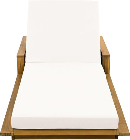 Merax Outdoor Chaise Lounge Set of 2, Acacia Wood Patio Reclining Chairs with 4-Position Adjustable Backrest, 2-Piece Sunbathing Recliner & 4" Thick Double-fold Cushion for Poolside, Garden, Beige