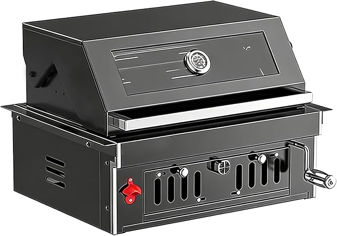 Built-In Charcoal BBQ Grill, Stainless Steel Charcoal Grills with Liftable Tray, Visible Insulated Hood &Temperature Gauge, Baking Tray &Roasting Fork,for Patio Backyard Parties Barbecue