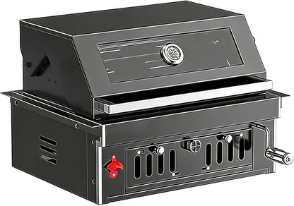 Built-In Charcoal BBQ Grill, Stainless Steel Charcoal Grills with Liftable Tray, Visible Insulated Hood &Temperature Gauge, Baking Tray &Roasting Fork,for Patio Backyard Parties Barbecue