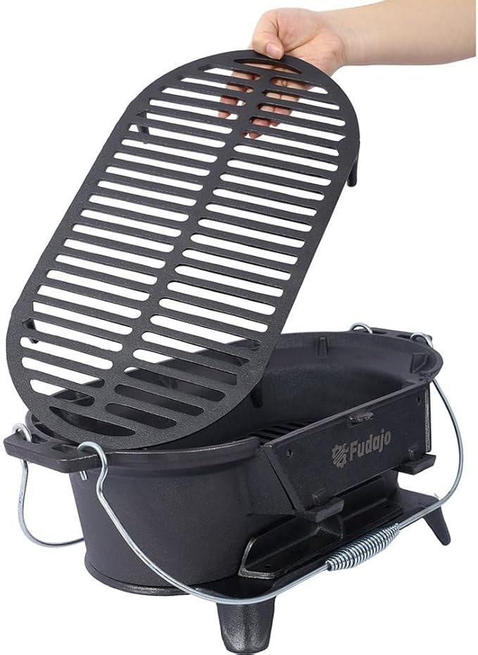 Tabletop Charcoal Grill & Cast Iron Hibachi with Flat-Top Griddle — Portable Outdoor BBQ for Camping, Tailgating & Picnics, Enamel-Coated, Built-in Vent, Carry Handles, 19.6" x 10.6" x 8.2", Black