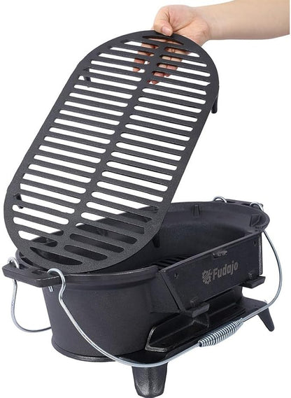 Tabletop Charcoal Grill & Cast Iron Hibachi with Flat-Top Griddle — Portable Outdoor BBQ for Camping, Tailgating & Picnics, Enamel-Coated, Built-in Vent, Carry Handles, 19.6" x 10.6" x 8.2", Black