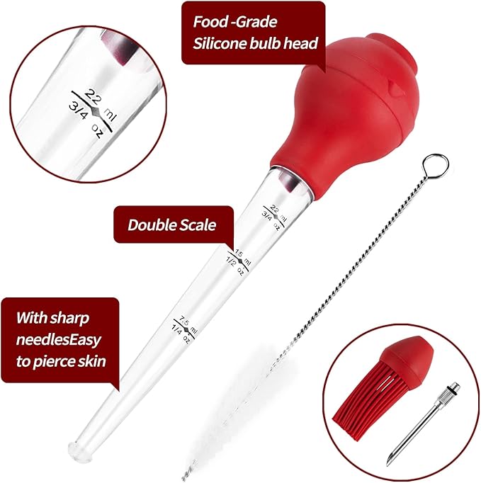 DIMESHY Turkey Baster Food Grade for Cooking & Basting, Detachable Round Bulb, Baster Cooking Good for Meat Poultry Beef Chicken, with Cleaning brush, inject needle, Basting brush(red)