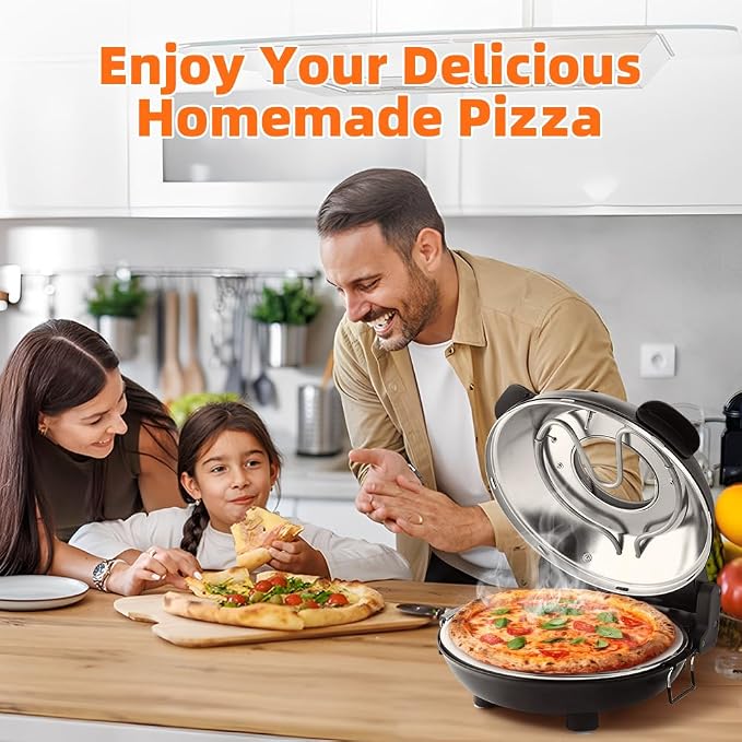 Electric-Pizza-Oven-Indoor, 12 Inches Countertop Cooker,800℉ Electric Pizza Maker with Timer, Ceramic Stone, Viewing Window, Complete Accessory Kit, Black