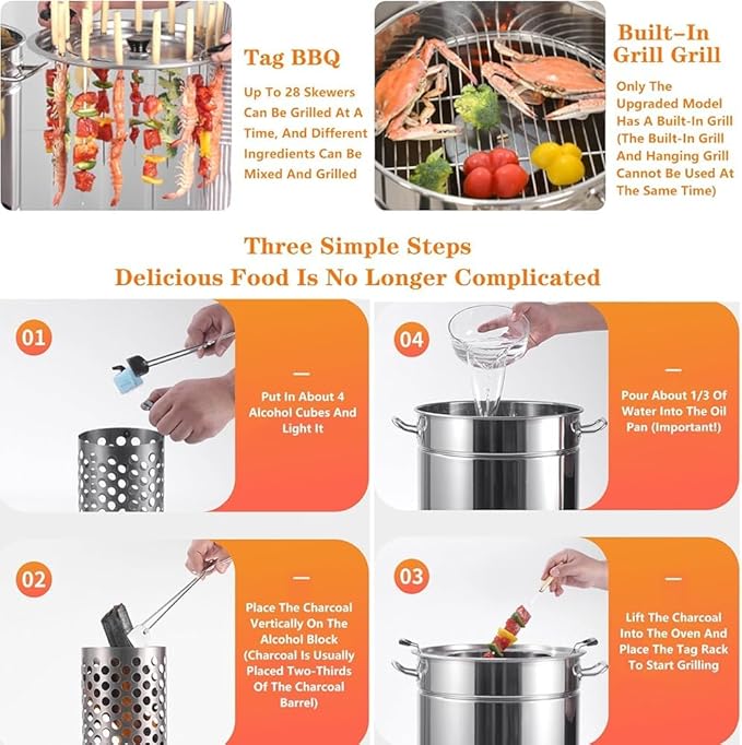 Portable Vertical Charcoal Smoker Grill,Barrel Stainless Steel Split Oven, 360° All Round Roasting,Outdoor Camping Smokeless Charcoal Barbecue Hanging Stove,Large (Color:Small)
