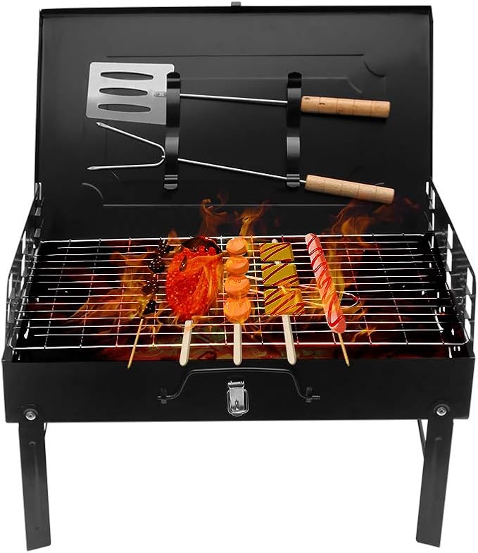 Foldable Portable Charcoal BBQ Grill, Outdoor Barbecue Grill for Camping Picnic Garden Kitchen, Compact Camping BBQ Grills with Tools & Stand,A-1