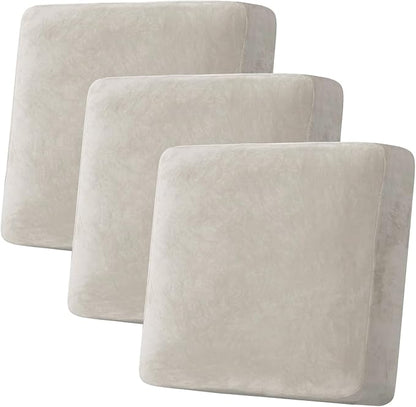 H.VERSAILTEX Velvet Stretch Couch Cushion Cover Plush Cushion Slipcover for Chair Loveseat Sofa Cushion Furniture Protector Seat Cushion Sofa Cover (3 Piece XL Sofa Cushion Covers, Oatmeal)
