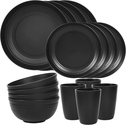 Quatish 16 Piece Plates and Bowls Sets for 4, Unbreakable Dinnerware Sets, Dish Set for Camping, Dishwasher Microwave Safe, Outdoor Kitchen and Apartment Dorm Dinning RV Essentials, Black