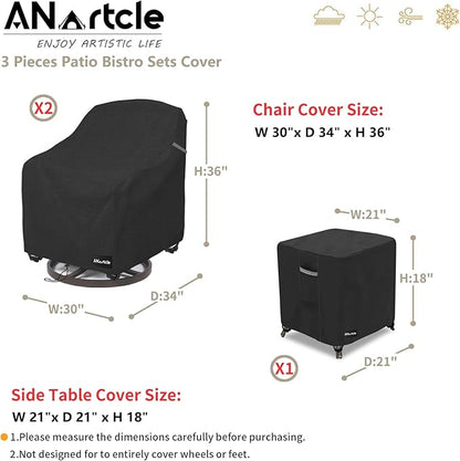 ANartcle 3 Pieces Patio Bistro Sets Cover,600D Waterproof Heavy Duty Patio Furniture Covers,Includes 2 Outdoor Swivel Chair Covers and 1 Patio Wicker Side Table Cover(Black)