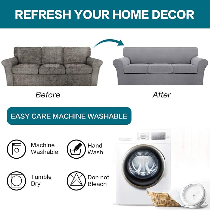 Turquoize 4 Piece Sofa Covers for 3 Cushion Couch Sofa Slipcover Soft Couch Cover for Dogs-Washable Sofa Furniture Covers with 3 Individual Cushion Covers, Feature Jacquard Fabric(Dove)