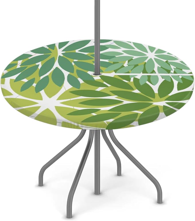 Round Tablecloth with Umbrella Hole and Zipper Elastic Fitted Table Cloth 45"-56" Oil-Proof Waterproof Patio Table Cover for Outdoor Picnic Party, Spring Summer Geometric Elegant Dark Light Green