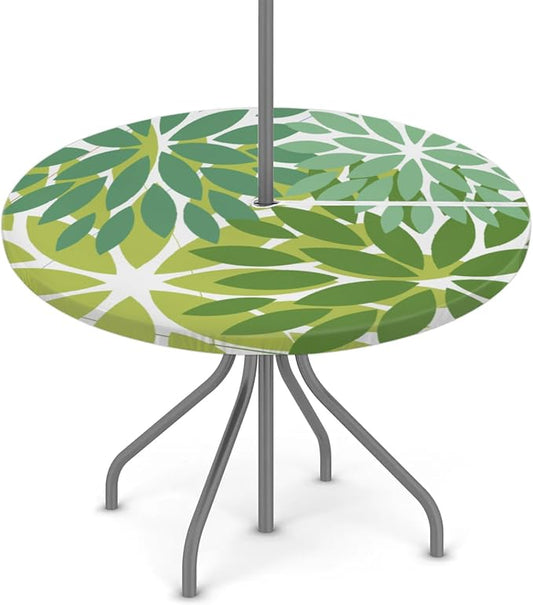 Round Tablecloth with Umbrella Hole and Zipper Elastic Fitted Table Cloth 36"-44" Oil-Proof Waterproof Patio Table Cover for Outdoor Picnic Party, Spring Summer Geometric Elegant Dark Light Green