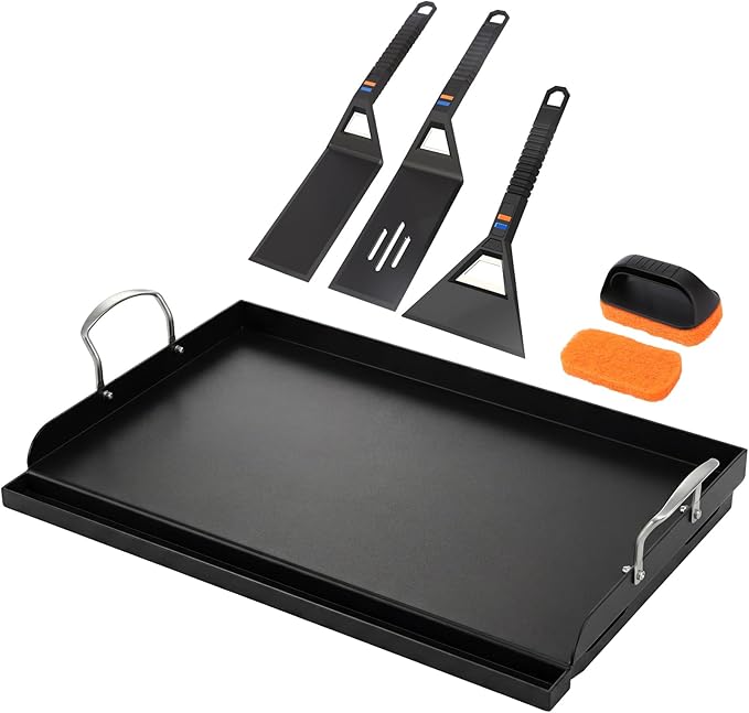 Utheer Griddle Kit, 25" x 16" Pre-Seasoned Cast Iron Flat Top Griddle with Scratch-Free Tools, Universal Grill Griddle for Gas & Charcoal Grills, Camping, Tailgating and BBQ