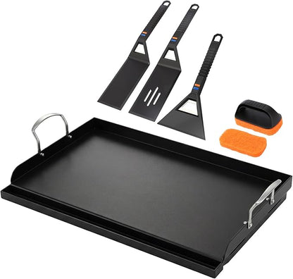Utheer Griddle Kit, 25" x 16" Pre-Seasoned Cast Iron Flat Top Griddle with Scratch-Free Tools, Universal Grill Griddle for Gas & Charcoal Grills, Camping, Tailgating and BBQ