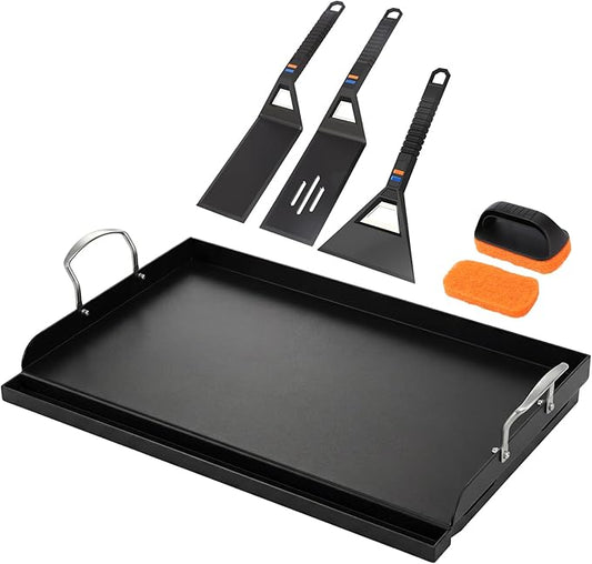 Utheer Griddle Kit, 25" x 16" Pre-Seasoned Cast Iron Flat Top Griddle with Scratch-Free Tools, Universal Grill Griddle for Gas & Charcoal Grills, Camping, Tailgating and BBQ