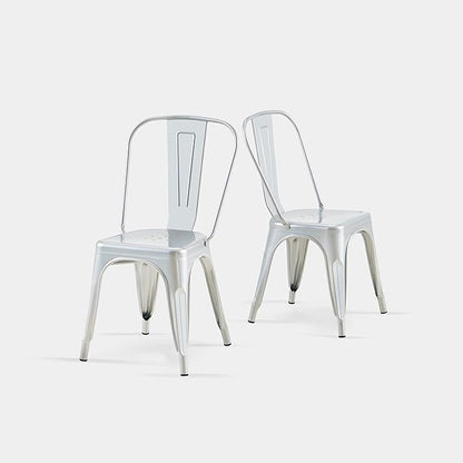 AC Pacific 18 Inch Seat Height Industrial Metal Dining Chairs, Stackable Kitchen or Bar Seat, Durable Modern Design, Versatile Accent Furniture, Set of 2, Silver
