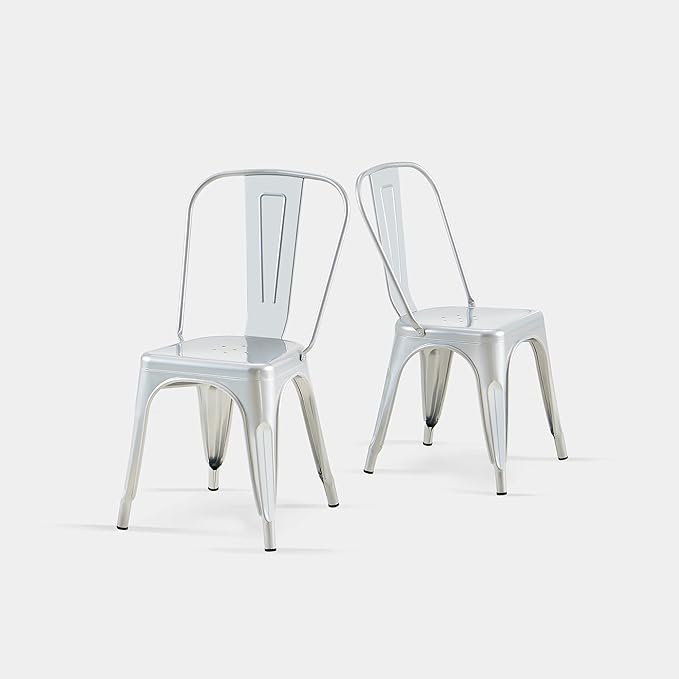 AC Pacific 18 Inch Seat Height Industrial Metal Dining Chairs, Stackable Kitchen or Bar Seat, Durable Modern Design, Versatile Accent Furniture, Set of 4, Silver