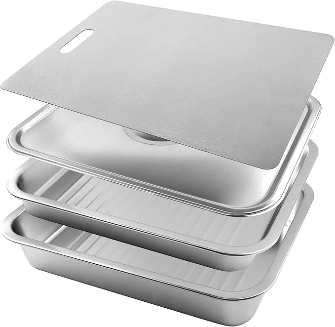 Grilling Prep and Serve Tays, 4pcs Stainless Steel Large Capacity Food Prep Tray Grill Carry System, BBQ Grill Tray Set Marinade Container with Lid and Cutting Board for Outdoor(Color:Silver)