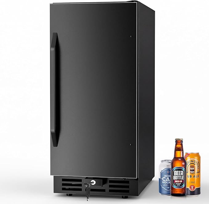 15 Inch Beverage Cooler, 127-Can Stainless Steel Drink Refrigerator with Reversible Door, Built-in or Freestanding Mini Fridge with Blue LED Light, Lock and Key for Indoor Outdoor Use, Black