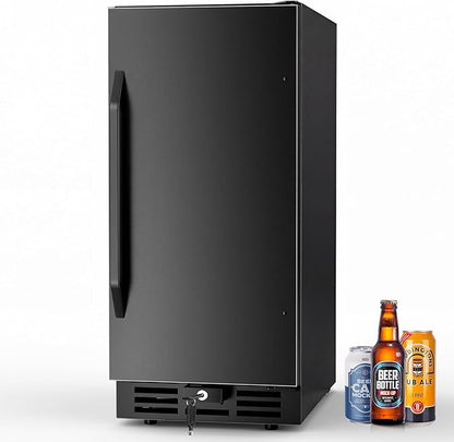 15 Inch Beverage Cooler, 127-Can Stainless Steel Drink Refrigerator with Reversible Door, Built-in or Freestanding Mini Fridge with Blue LED Light, Lock and Key for Indoor Outdoor Use, Black