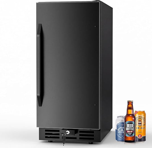 15 Inch Beverage Cooler, 127-Can Stainless Steel Drink Refrigerator with Reversible Door, Built-in or Freestanding Mini Fridge with Blue LED Light, Lock and Key for Indoor Outdoor Use, Black