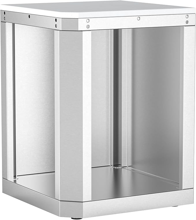 Small Outdoor Kitchen 90° Corner Cabinet, Stainless Steel Storage with White Quartz Countertop, for Compact L‑Shaped Grill Island, Patio BBQ