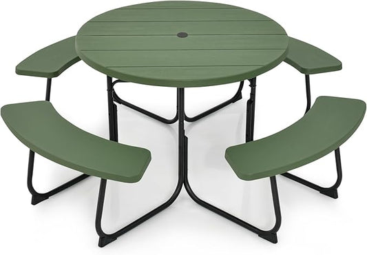Round Picnic Table for Outdoors, 8 Person Outdoor Picnic Tables & Benches Set with Umbrella Hole, HDPE Tabletop & Metal Frame, 2000 LBS Capacity Table Bench Set for BBQ, Garden, Lawn, Patio