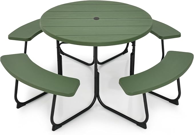 Tangkula 8 Person Picnic Table, Outdoor Round Picnic Table with 4 Built-in Benches, Umbrella Hole, Metal Frame & HDPE Tabletop, Outside Table and Bench Set for Backyard, 2300lbs Weight Capacity
