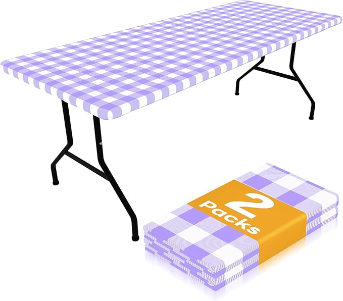 Smiry Picnic Table Cloth 2 Pack, Waterproof Elastic Fitted Tablecloths for 8FT Rectangle Tables, Washable Polyester Buffalo Plaid Tablecloth for Camping, Dining & Outdoor (Purple & White, 30" x 96")