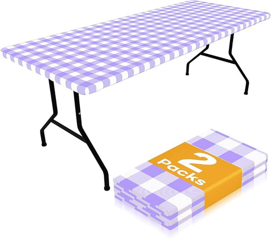 Smiry Picnic Table Cloth 2 Pack, Waterproof Elastic Fitted Tablecloths for 4FT Rectangle Tables, Washable Polyester Buffalo Plaid Tablecloth for Camping, Dining & Outdoor (Purple & White, 30" x 48")