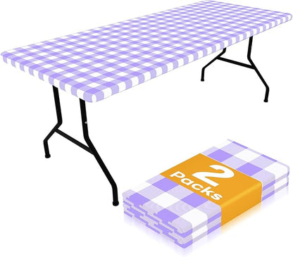 Smiry Picnic Table Cloth 2 Pack, Waterproof Elastic Fitted Tablecloths for 6FT Rectangle Tables, Washable Polyester Buffalo Plaid Tablecloth for Camping, Dining & Outdoor (Purple & White, 30" x 72")