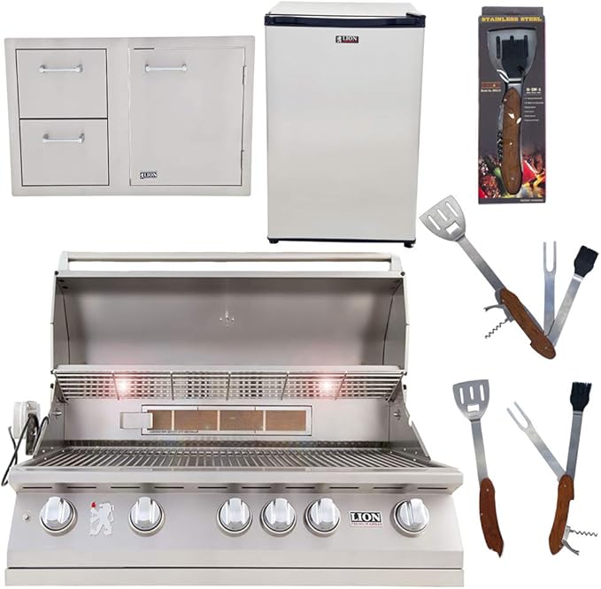 Lion Premium Grills 40-Inch Propane Grill L90000 with Lion Door and Drawer Combo with Towel Rack and Lion Refrigerator Package Deal with 5 in 1 BBQ Tool Set